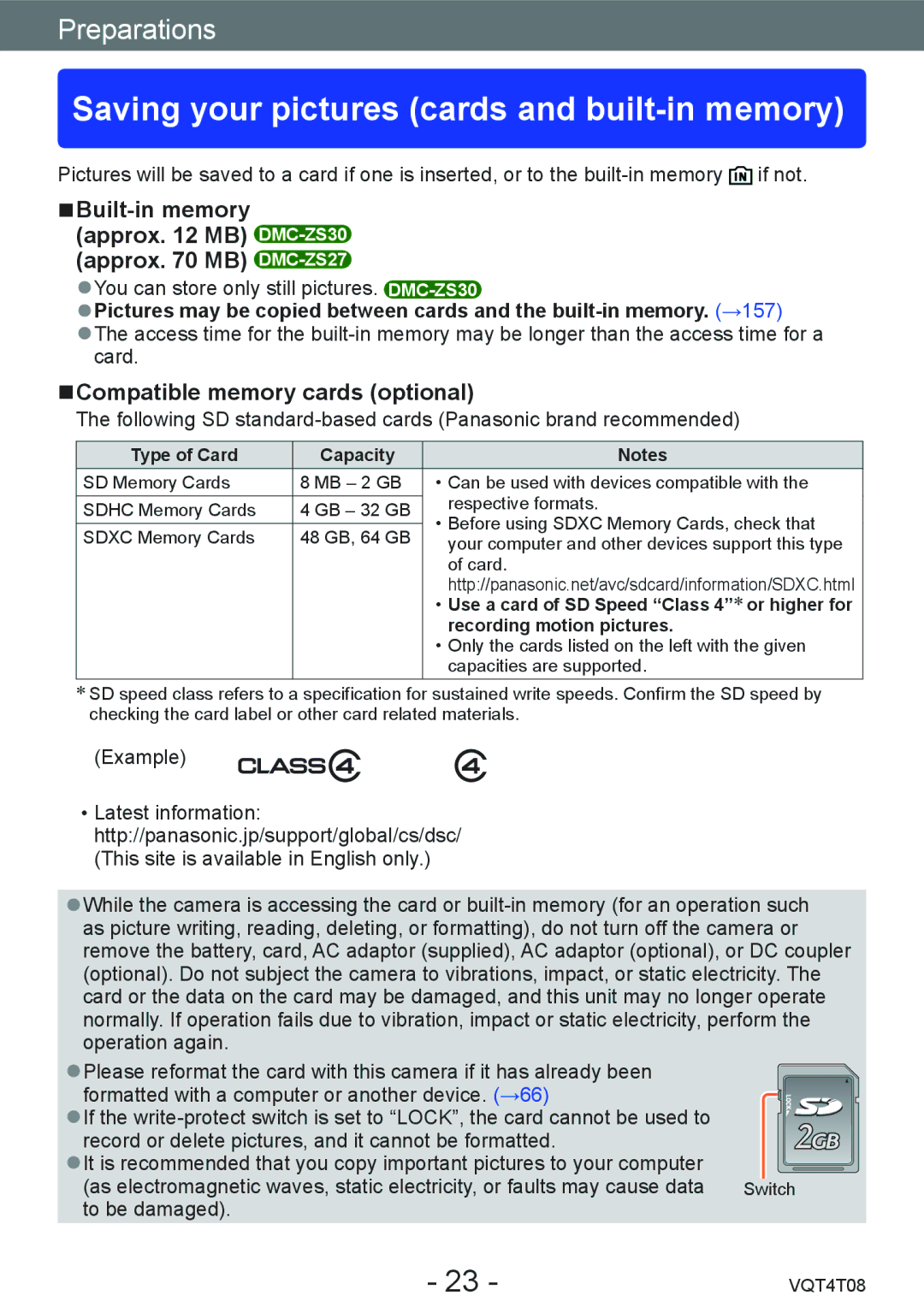 Panasonic DMC-ZS27 Saving your pictures cards and built-in memory, Compatible memory cards optional, Type of Card Capacity 