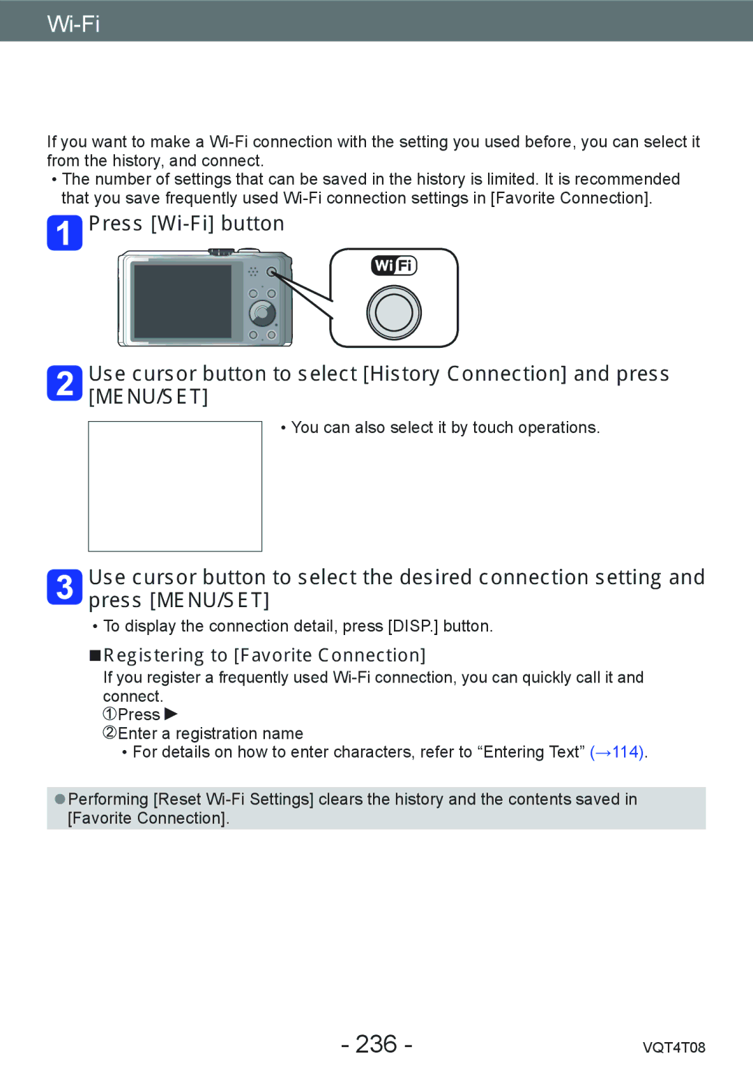 Panasonic DMC-ZS30, DMC-ZS27 owner manual Connecting with a setting you used before, 236, Registering to Favorite Connection 