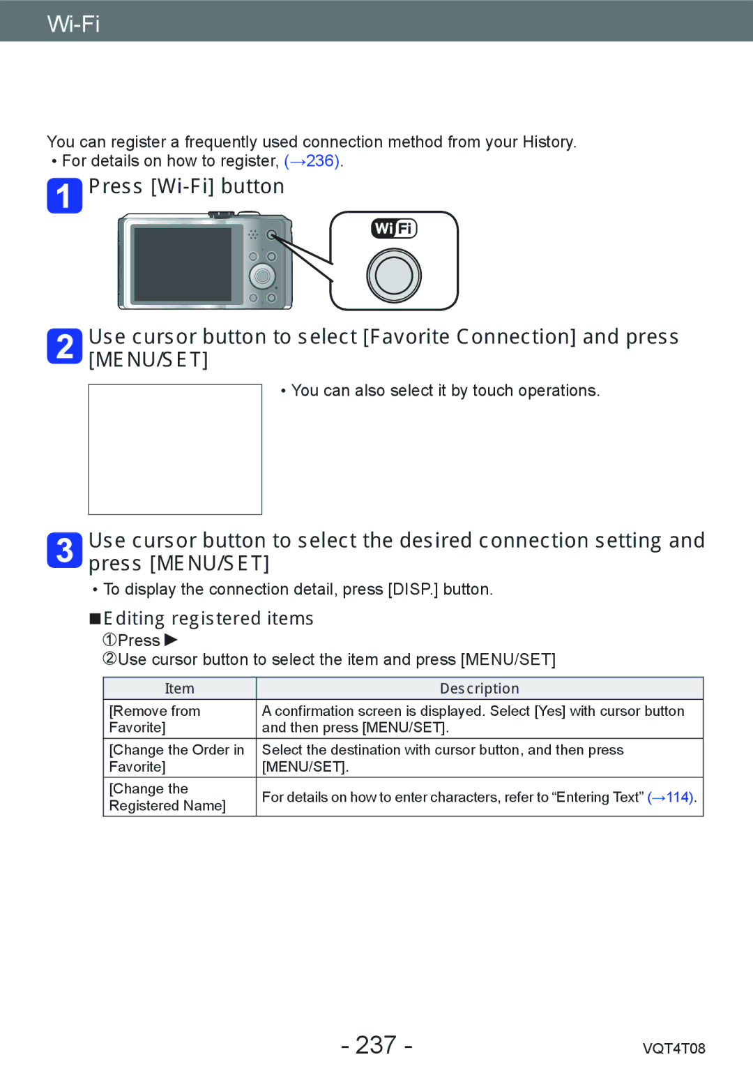 Panasonic DMC-ZS27, DMC-ZS30 owner manual Connect from Favorites, 237, Editing registered items 