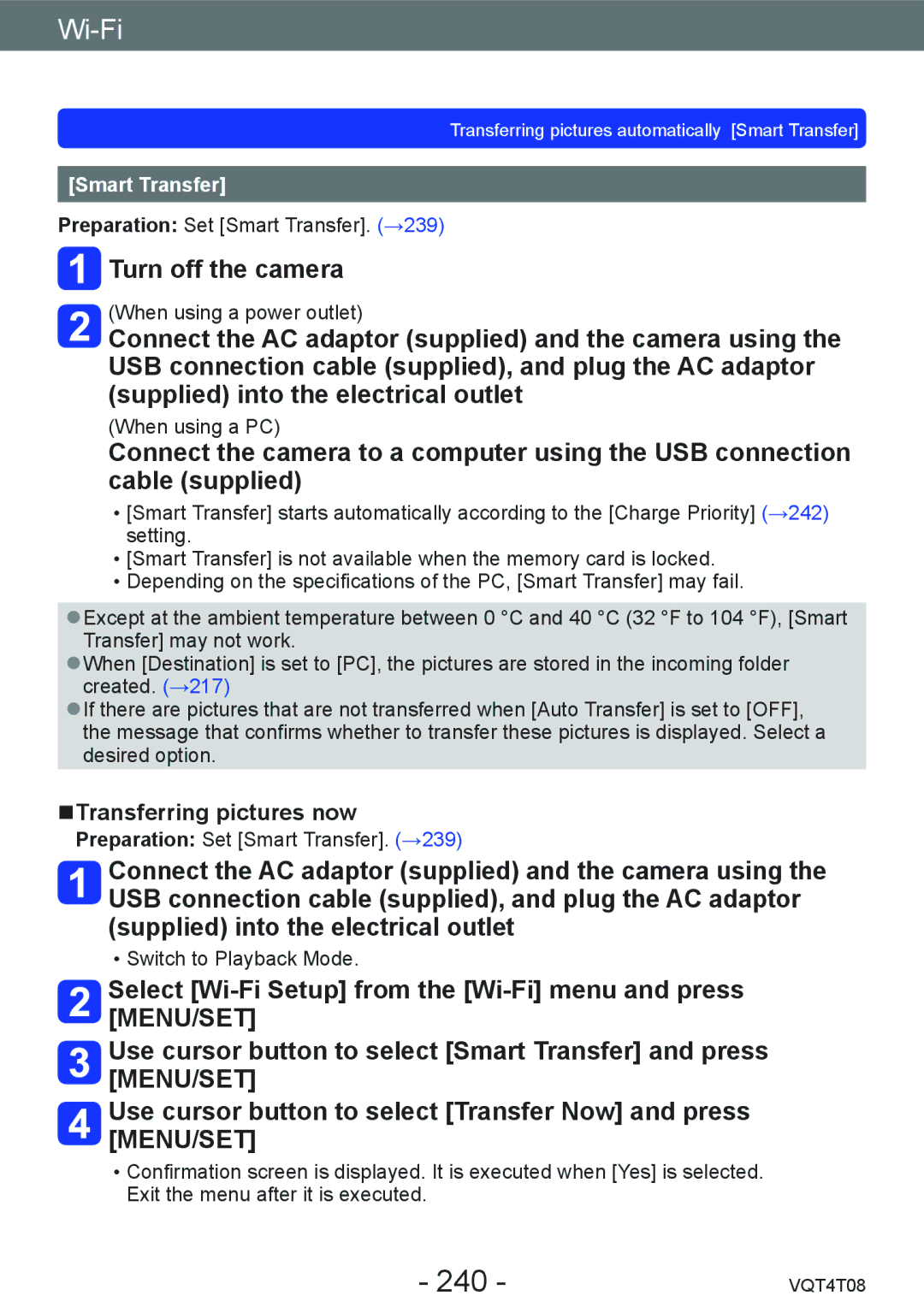 Panasonic DMC-ZS30, DMC-ZS27 owner manual 240, Turn off the camera, Transferring pictures now, Smart Transfer 