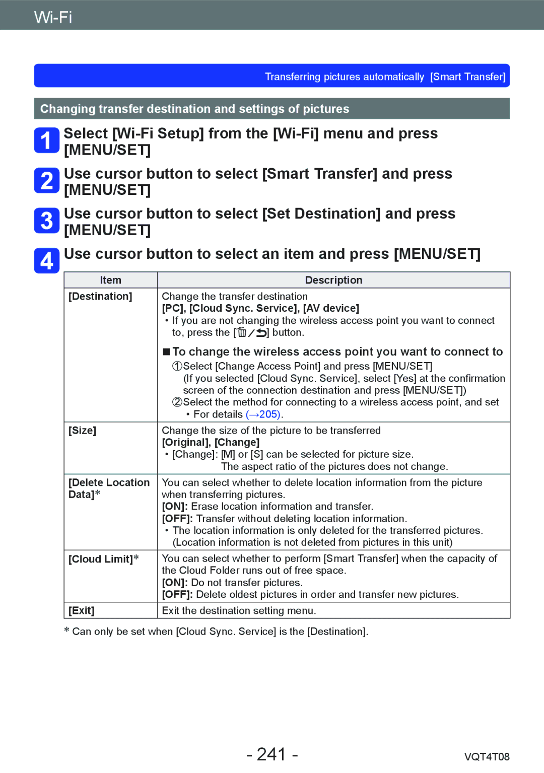 Panasonic DMC-ZS27, DMC-ZS30 owner manual 241, Changing transfer destination and settings of pictures 