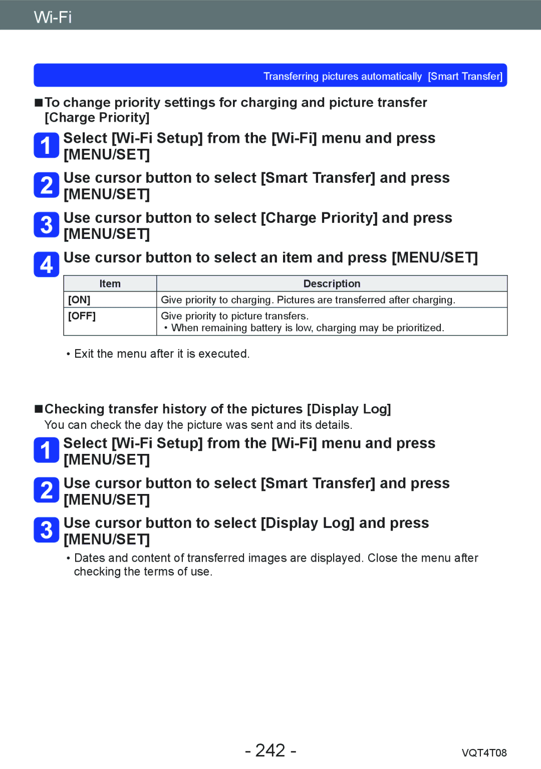 Panasonic DMC-ZS30 242, Checking transfer history of the pictures Display Log, Give priority to picture transfers 