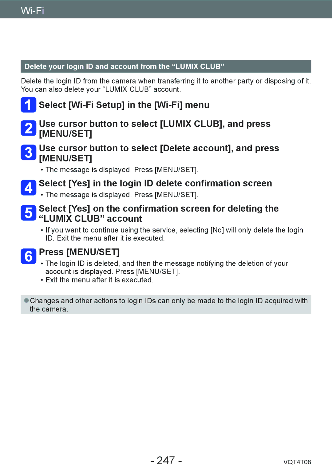 Panasonic DMC-ZS27, DMC-ZS30 owner manual 247, Select Yes in the login ID delete confirmation screen 