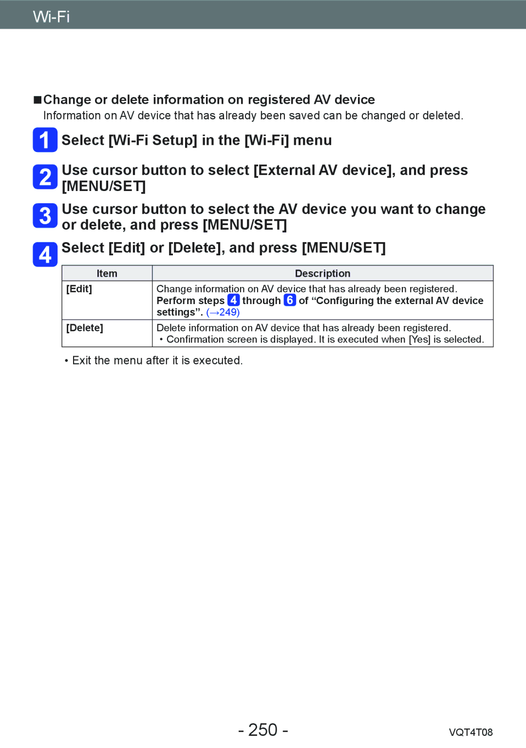 Panasonic DMC-ZS30, DMC-ZS27 owner manual 250, Change or delete information on registered AV device 