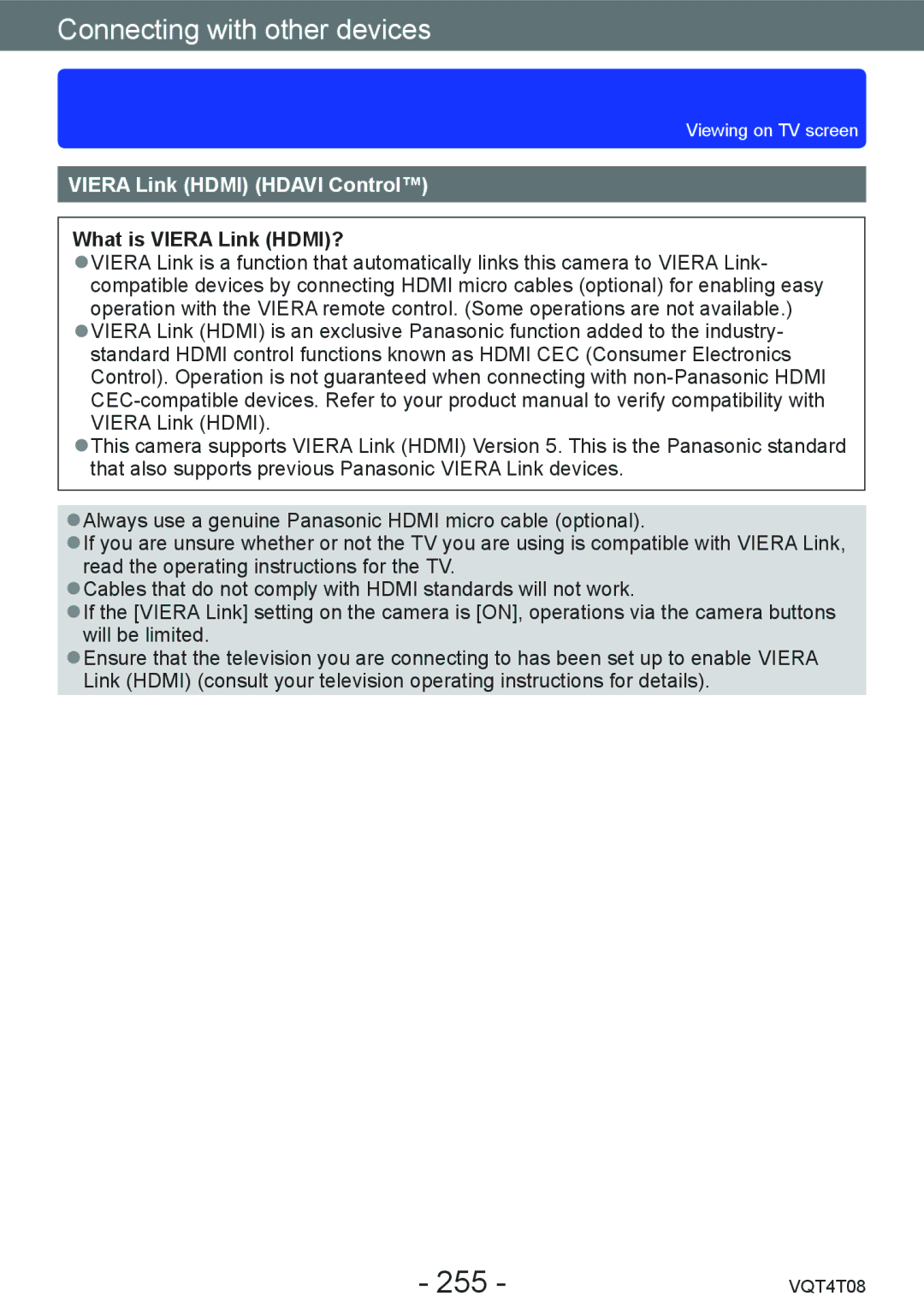 Panasonic DMC-ZS27, DMC-ZS30 owner manual 255, Viera Link Hdmi Hdavi Control, What is Viera Link HDMI? 