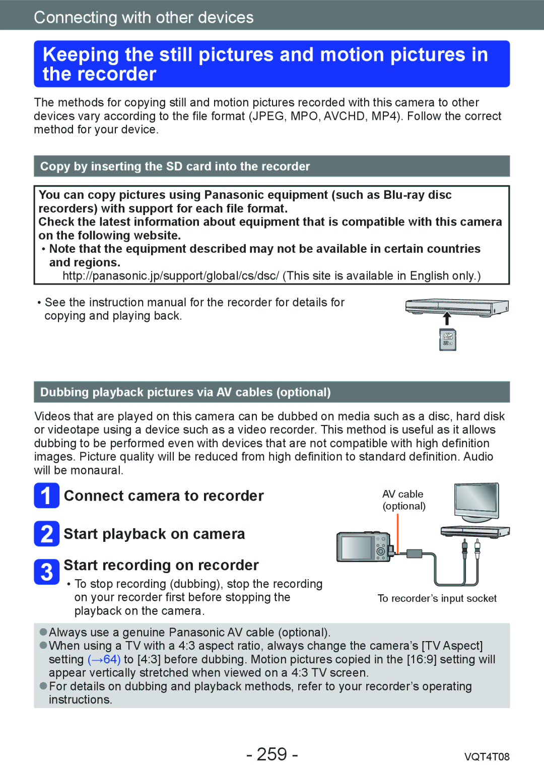 Panasonic DMC-ZS27 259, Copy by inserting the SD card into the recorder, Dubbing playback pictures via AV cables optional 