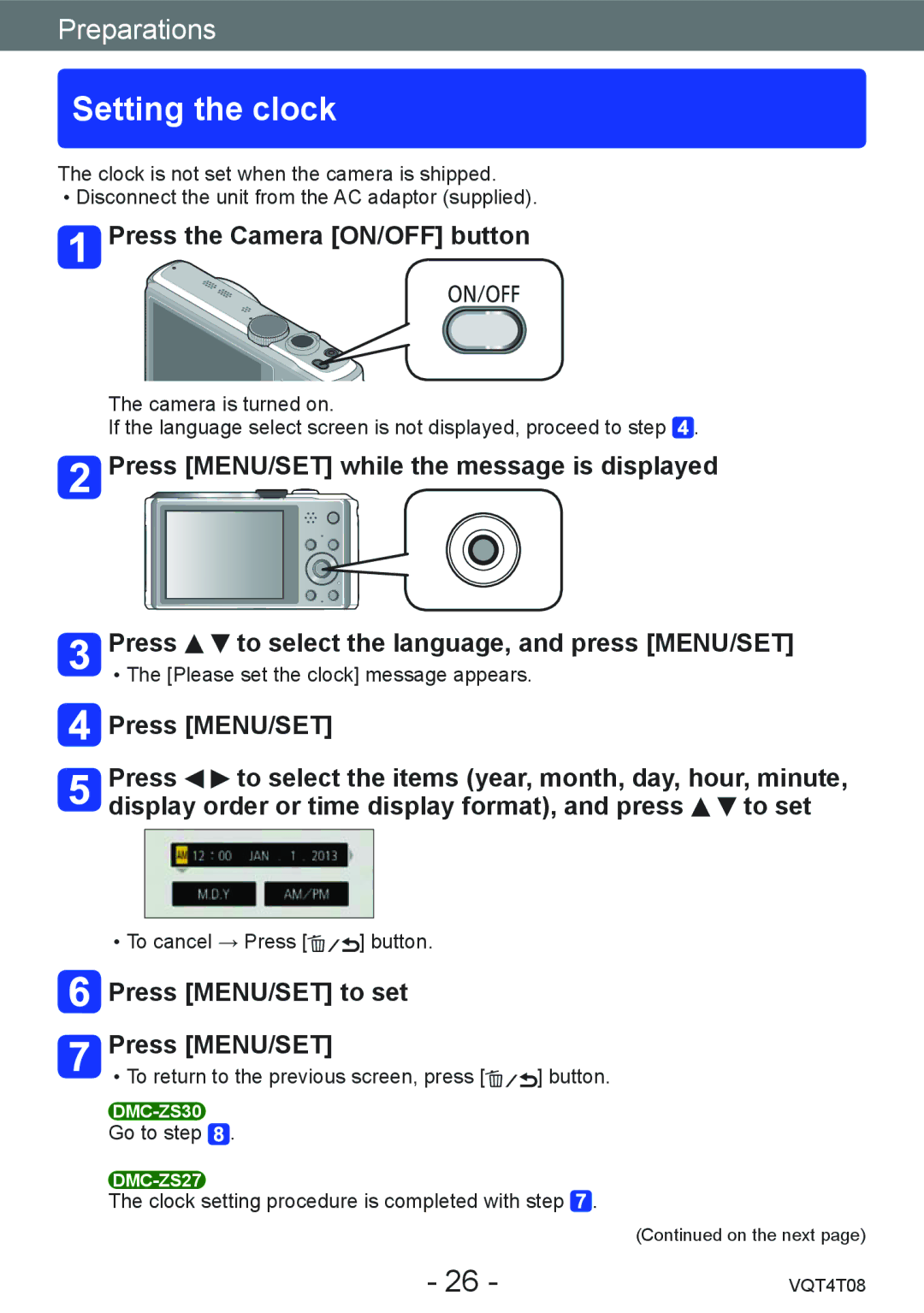 Panasonic DMC-ZS30, DMC-ZS27 owner manual Setting the clock, Press the Camera ON/OFF button, Press MENU/SET to set 