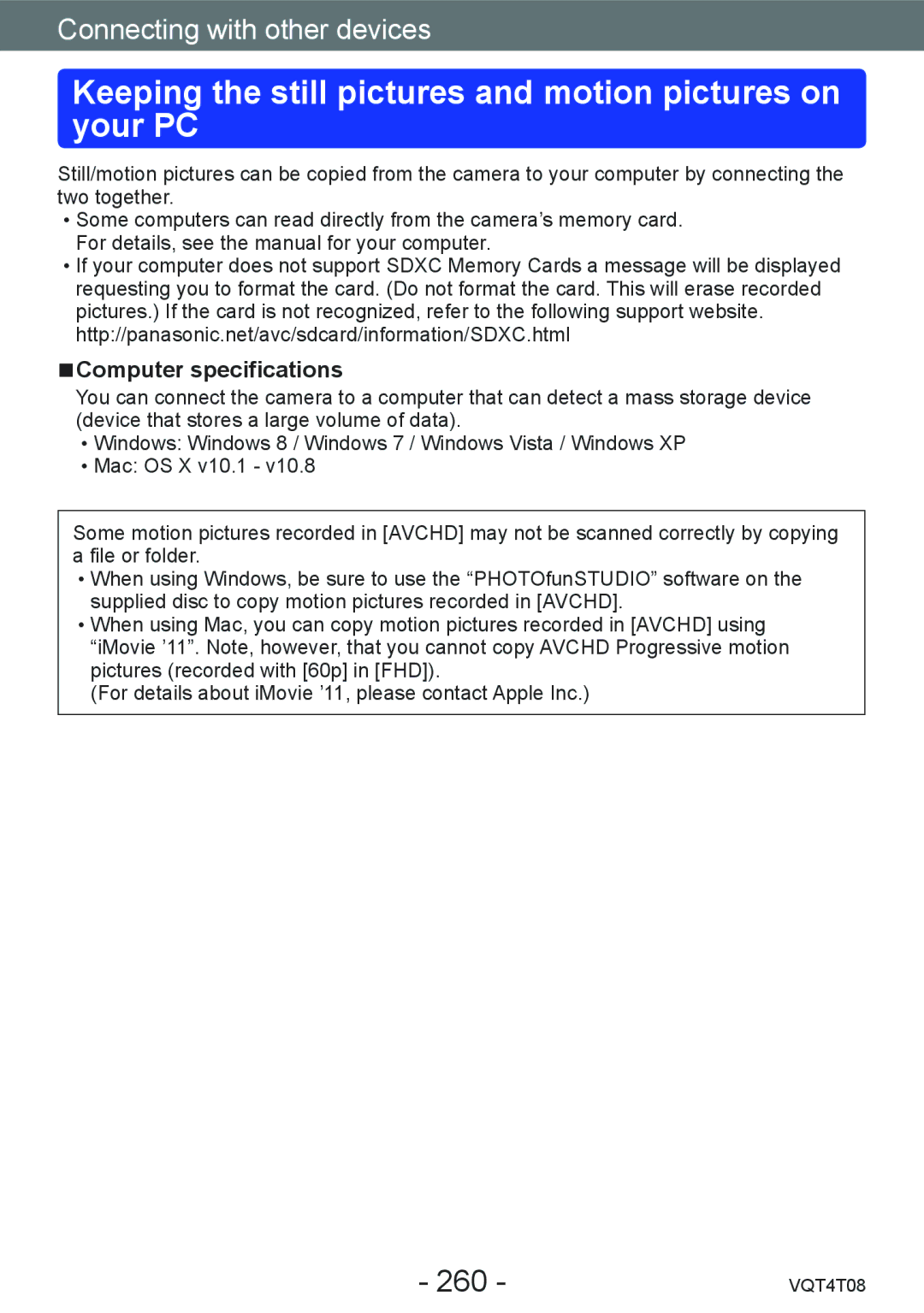 Panasonic DMC-ZS30, DMC-ZS27 Keeping the still pictures and motion pictures on your PC, 260, Computer specifications 