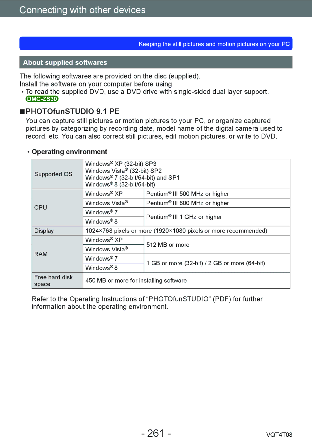 Panasonic DMC-ZS27, DMC-ZS30 owner manual 261, PHOTOfunSTUDIO 9.1 PE, About supplied softwares, Operating environment 