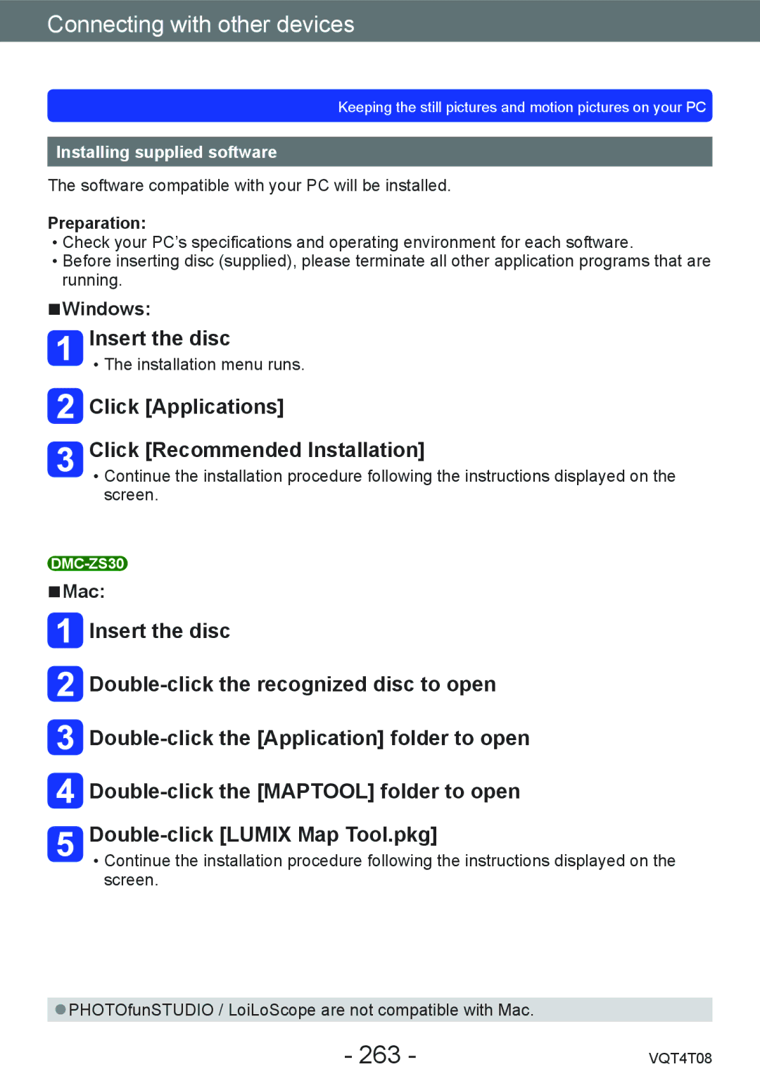 Panasonic DMC-ZS27 263, Insert the disc, Click Applications Click Recommended Installation, Installing supplied software 