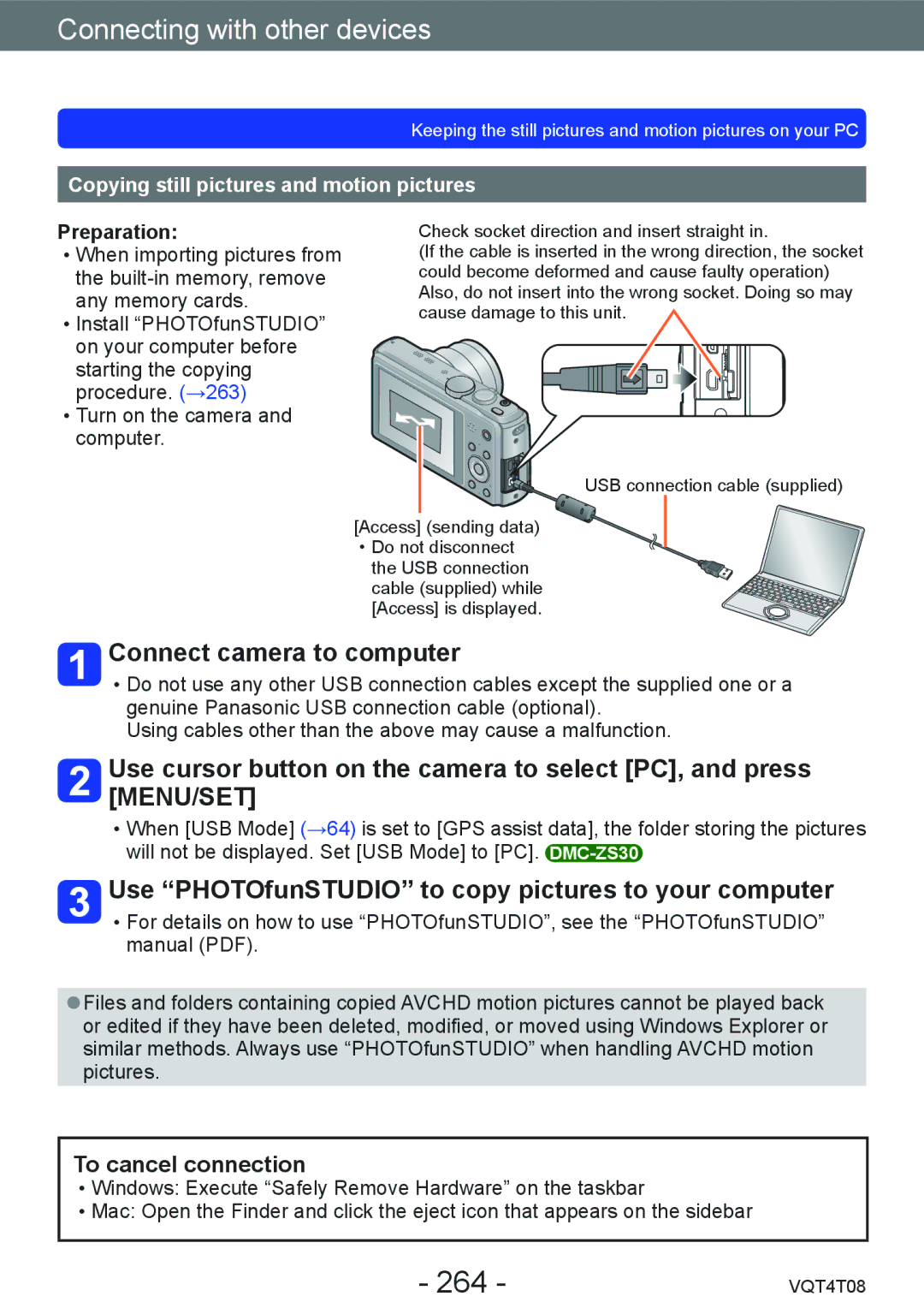 Panasonic DMC-ZS30, DMC-ZS27 264, Connect camera to computer, Use PHOTOfunSTUDIO to copy pictures to your computer 