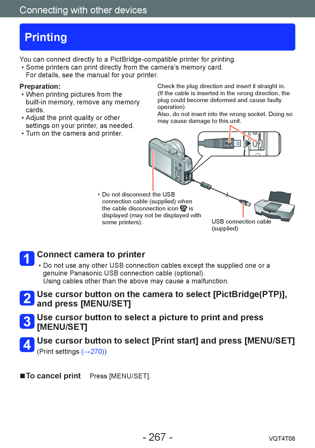 Panasonic DMC-ZS27, DMC-ZS30 owner manual Printing, 267, Connect camera to printer 