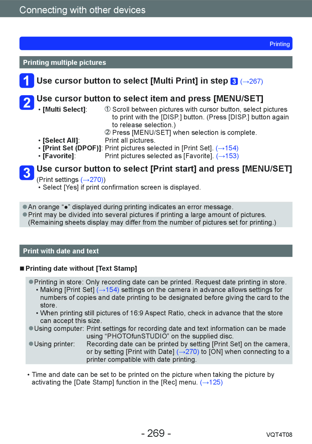 Panasonic DMC-ZS27, DMC-ZS30 owner manual 269, Printing multiple pictures, Print with date and text 