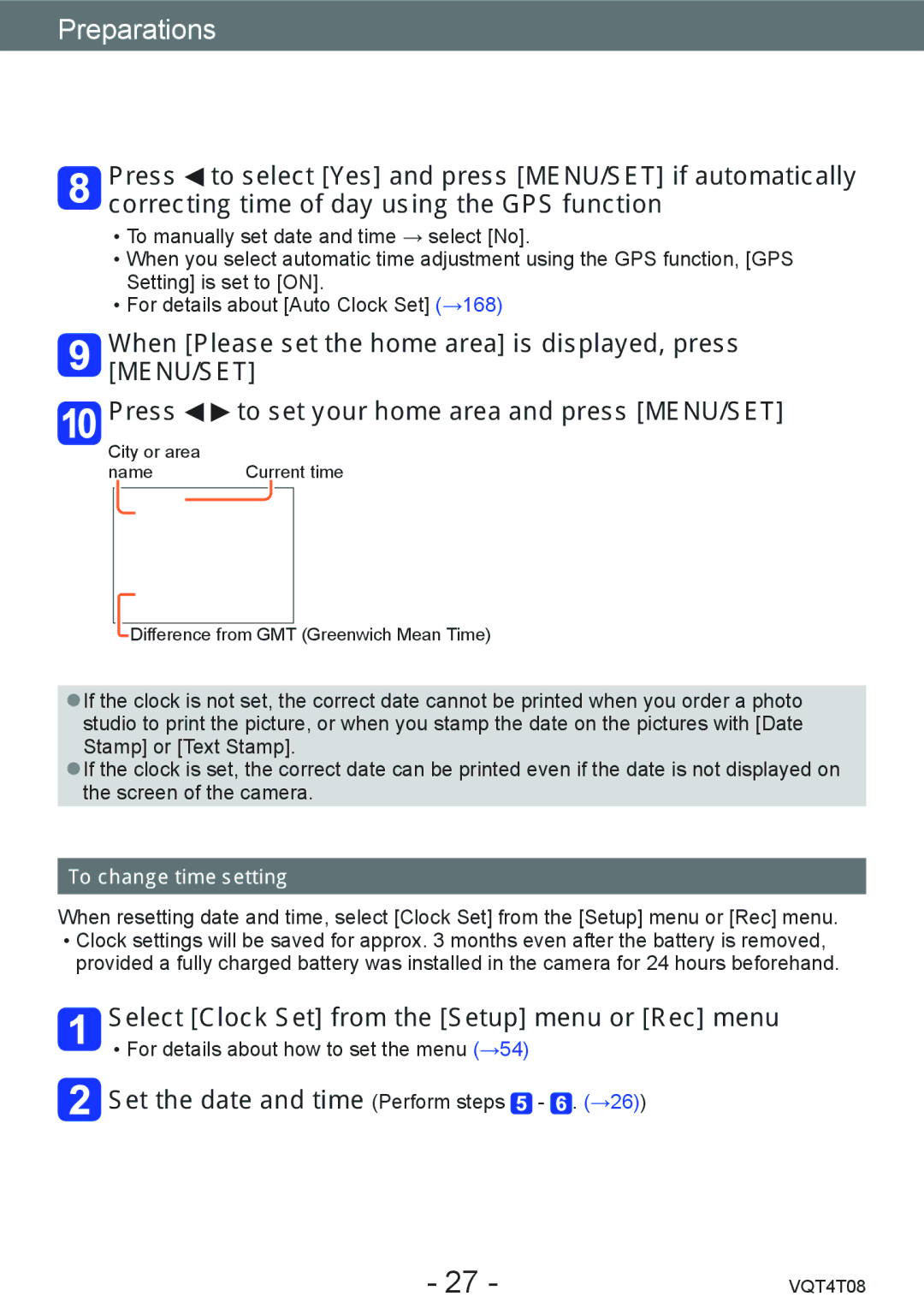 Panasonic DMC-ZS27, DMC-ZS30 Select Clock Set from the Setup menu or Rec menu, Set the date and time Perform steps . →26 