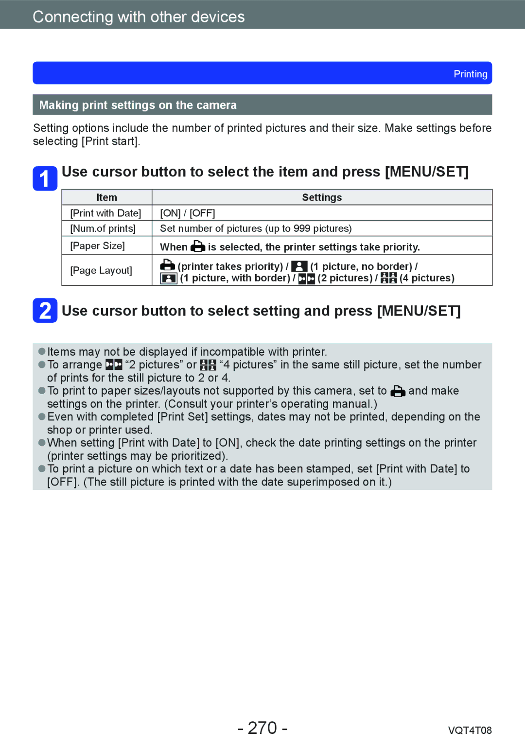 Panasonic DMC-ZS30 270, Use cursor button to select setting and press MENU/SET, Making print settings on the camera 