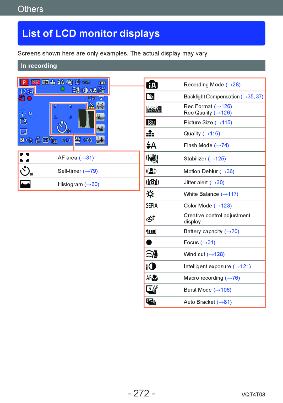 Panasonic DMC-ZS30, DMC-ZS27 owner manual List of LCD monitor displays, 272, Recording 