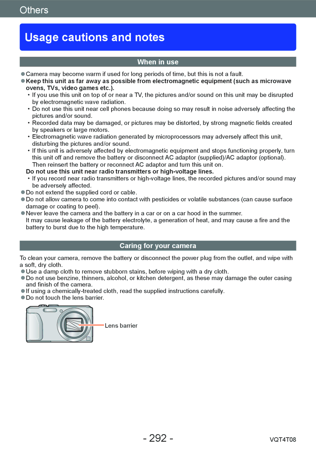 Panasonic DMC-ZS30, DMC-ZS27 owner manual Usage cautions and notes, 292, When in use, Caring for your camera 