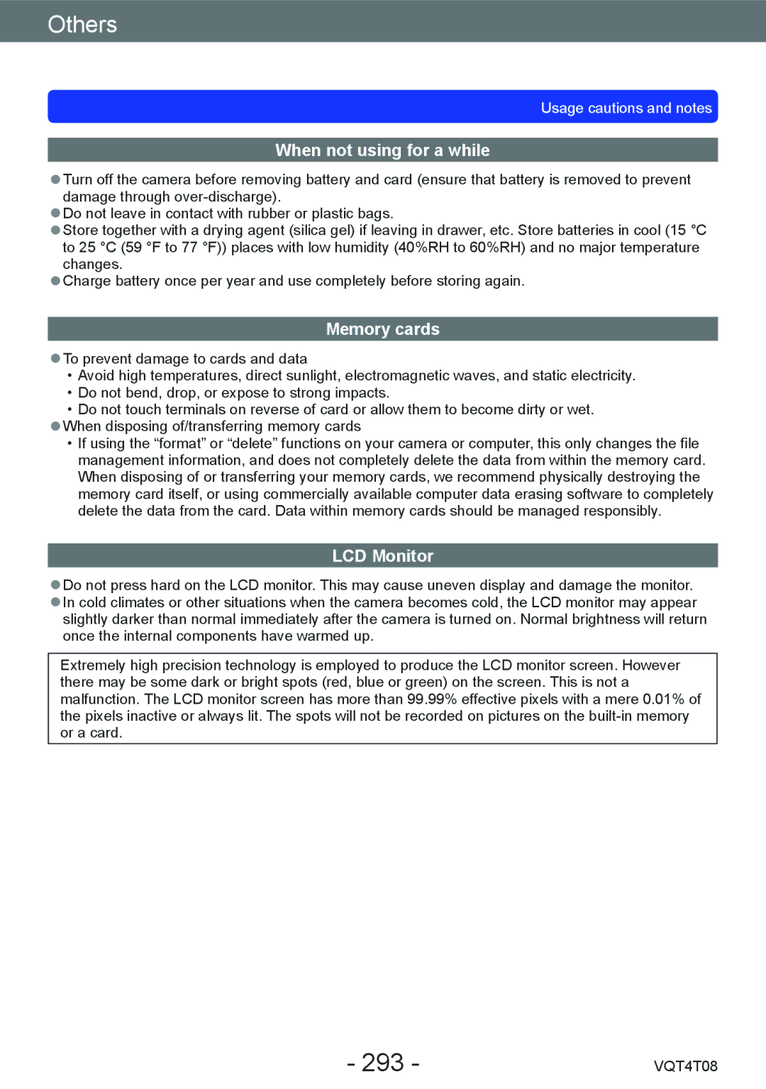 Panasonic DMC-ZS27, DMC-ZS30 owner manual 293, When not using for a while, Memory cards, LCD Monitor 