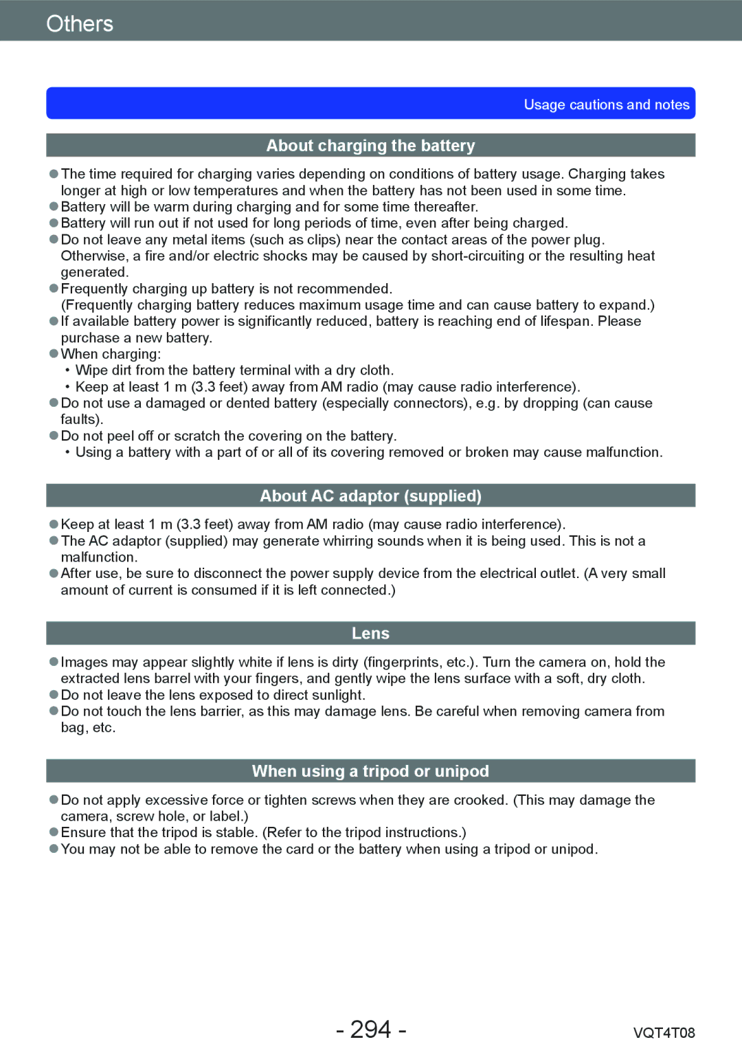 Panasonic DMC-ZS30 294, About charging the battery, About AC adaptor supplied, Lens, When using a tripod or unipod 