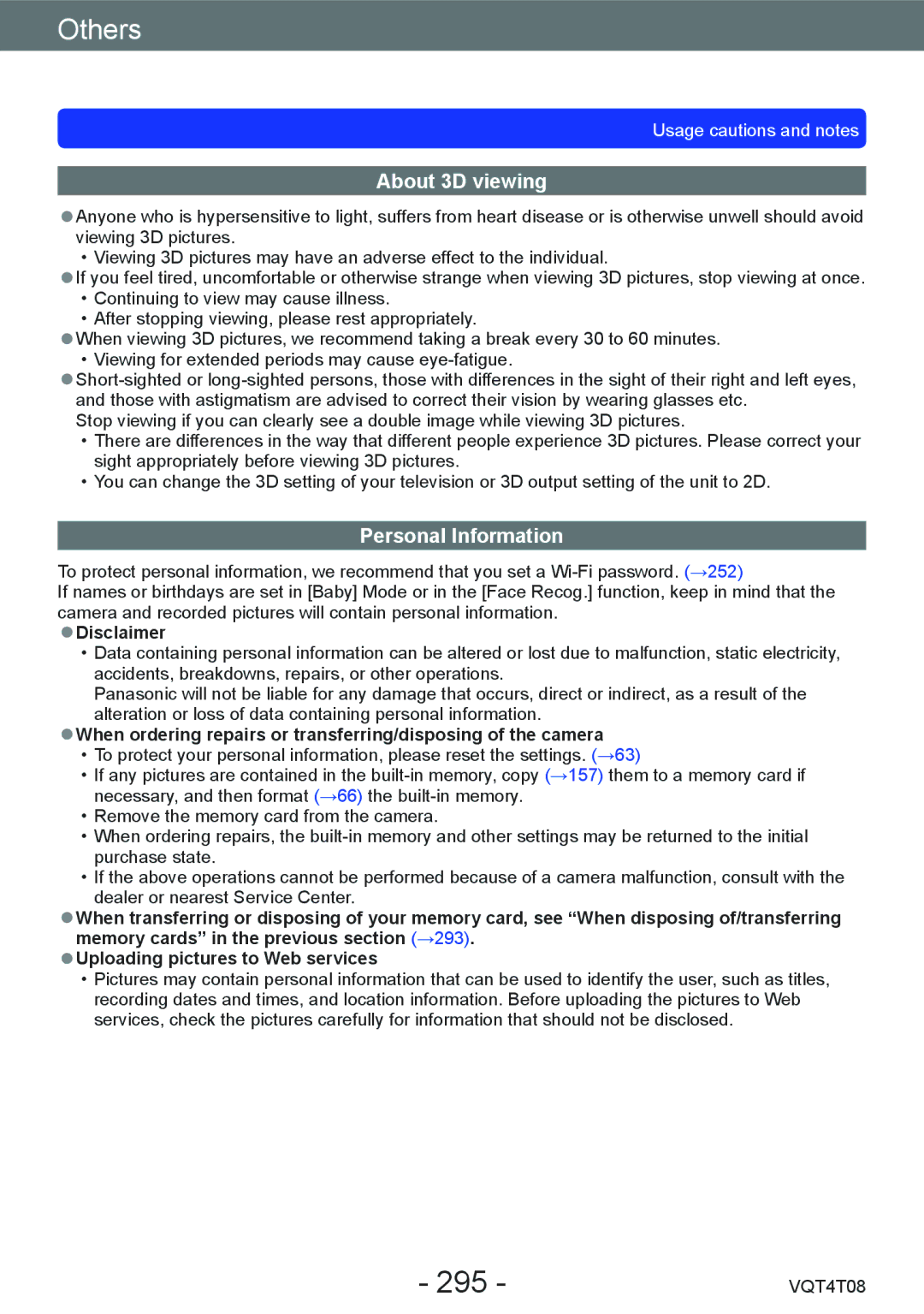 Panasonic DMC-ZS27, DMC-ZS30 owner manual 295, About 3D viewing, Personal Information, Disclaimer 