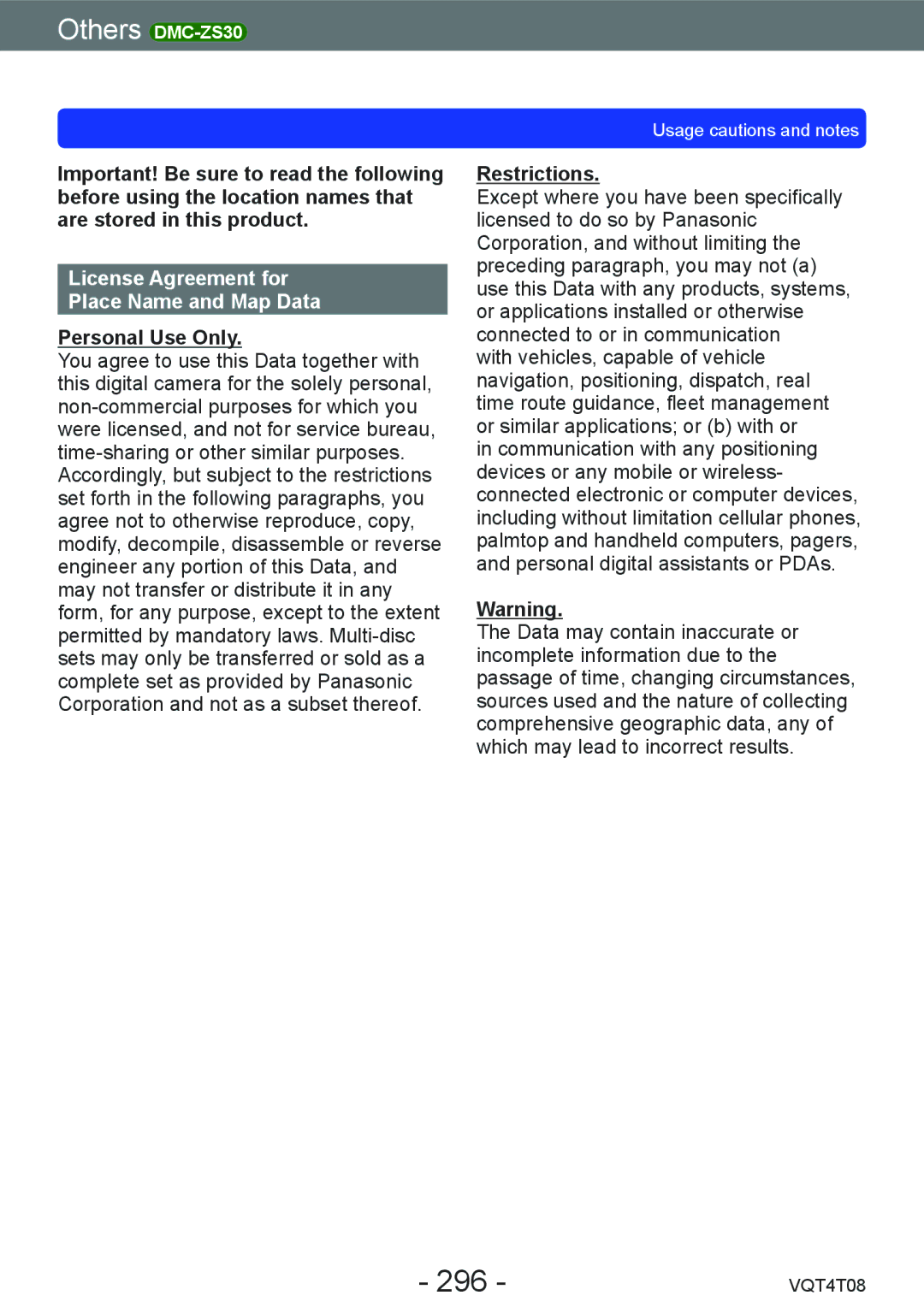 Panasonic DMC-ZS30, DMC-ZS27 296, License Agreement for Place Name and Map Data, Personal Use Only, Restrictions 