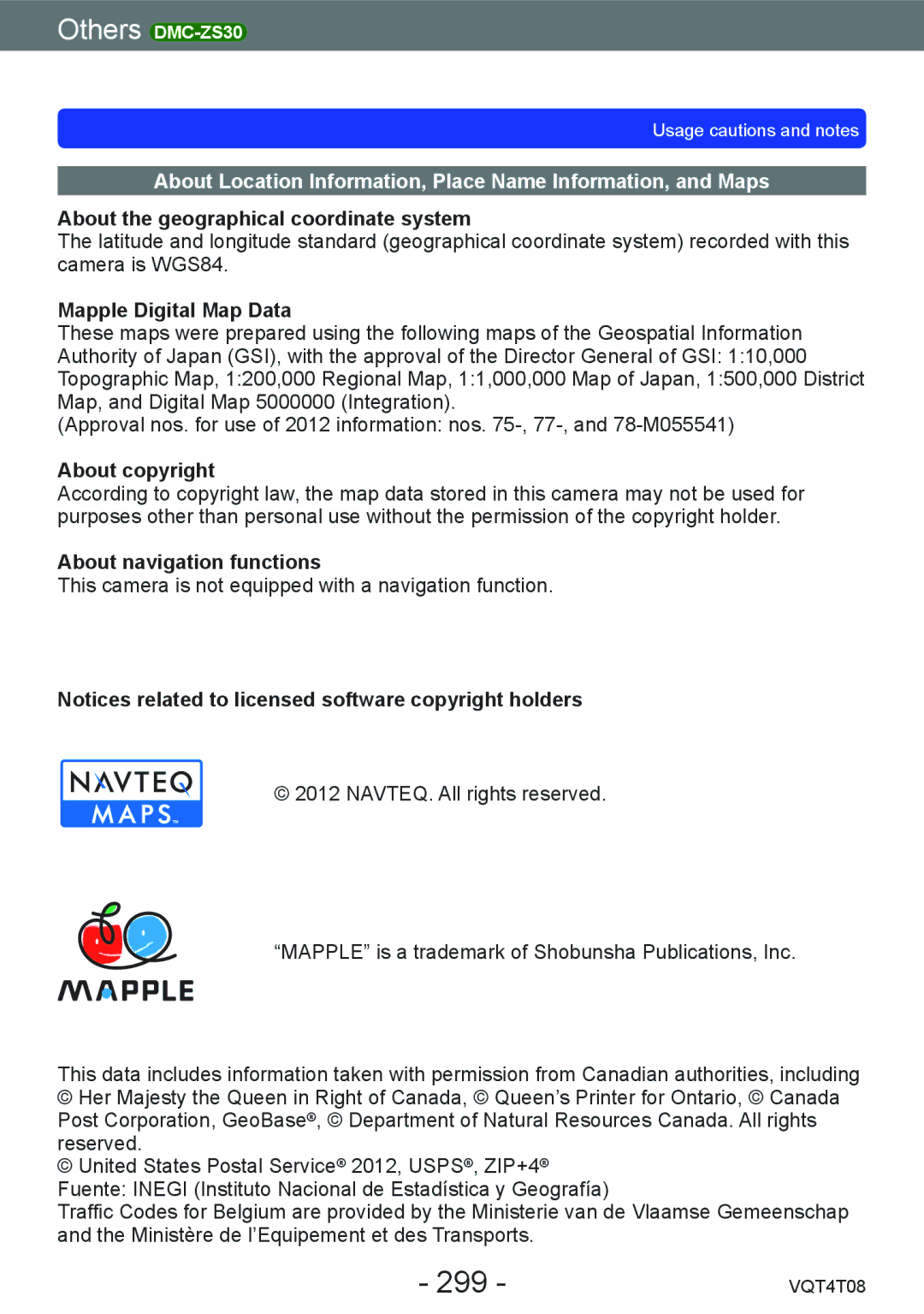 Panasonic DMC-ZS27, DMC-ZS30 299, About the geographical coordinate system, Mapple Digital Map Data, About copyright 