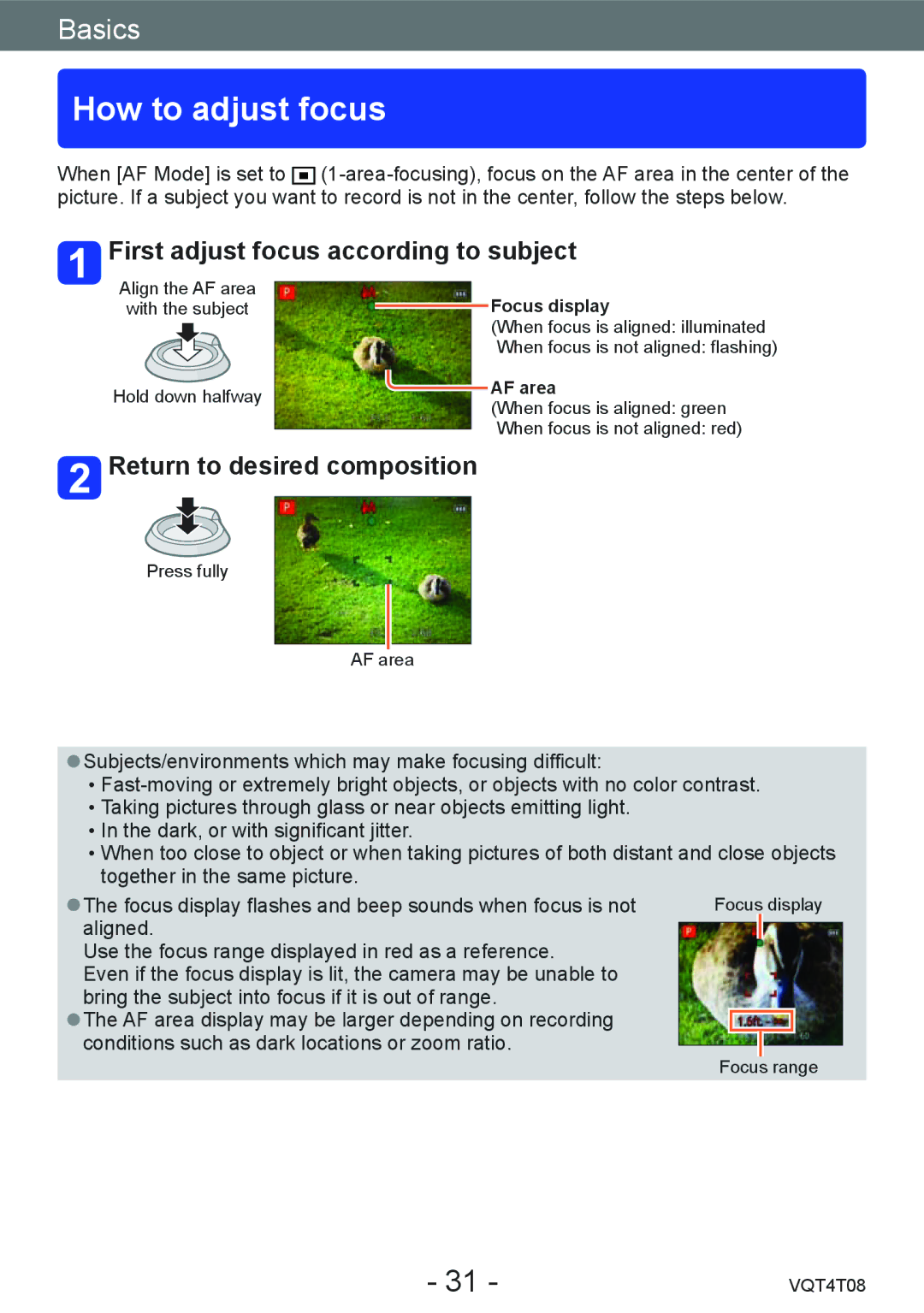 Panasonic DMC-ZS27 How to adjust focus, First adjust focus according to subject, Return to desired composition, AF area 