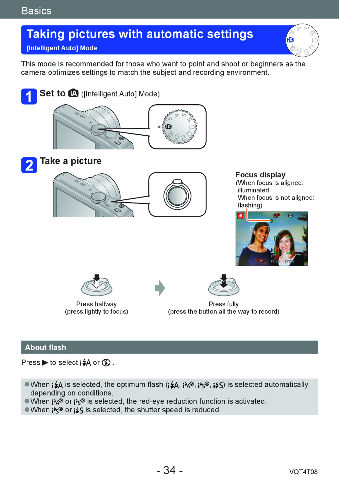 Panasonic DMC-ZS30, DMC-ZS27 owner manual Taking pictures with automatic settings, Focus display, About flash 