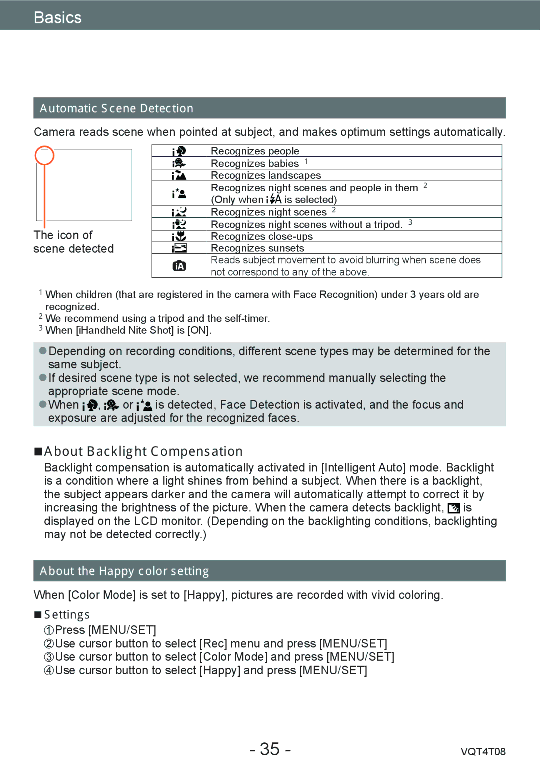 Panasonic DMC-ZS27 About Backlight Compensation, Automatic Scene Detection, About the Happy color setting, Settings 