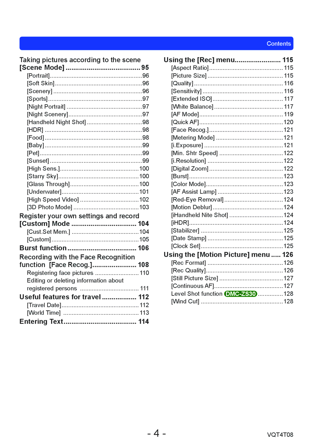 Panasonic DMC-ZS30, DMC-ZS27 owner manual 104, 106, 108, 112, 114, 115, 126 