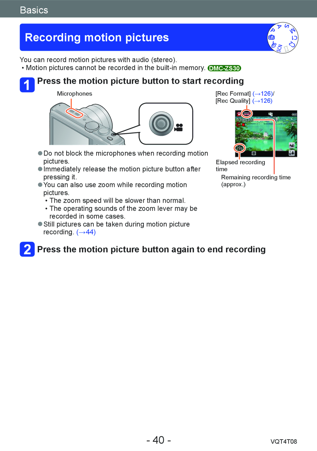 Panasonic DMC-ZS30, DMC-ZS27 owner manual Recording motion pictures, Press the motion picture button to start recording 