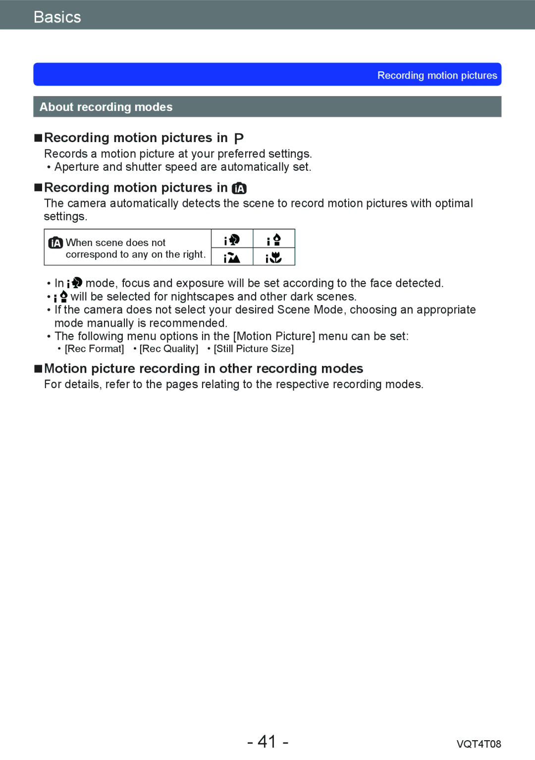 Panasonic DMC-ZS27, DMC-ZS30 owner manual Motion picture recording in other recording modes, About recording modes 