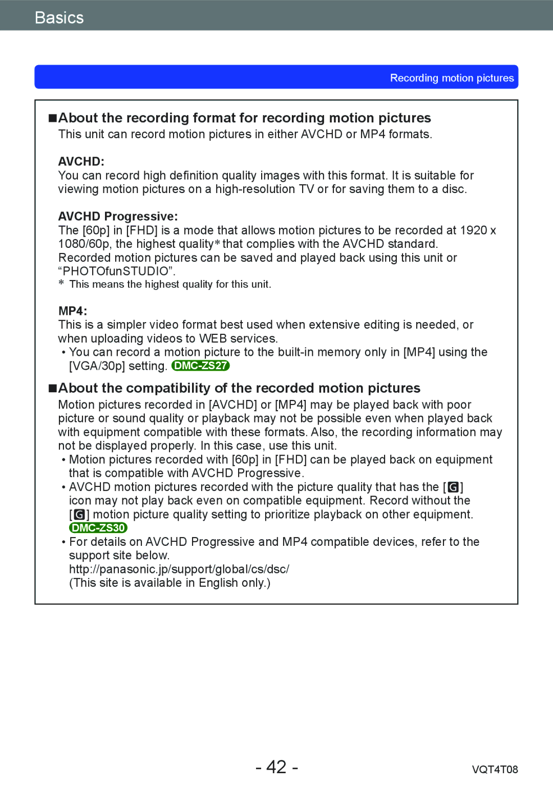 Panasonic DMC-ZS30, DMC-ZS27 owner manual About the recording format for recording motion pictures, Avchd Progressive, MP4 