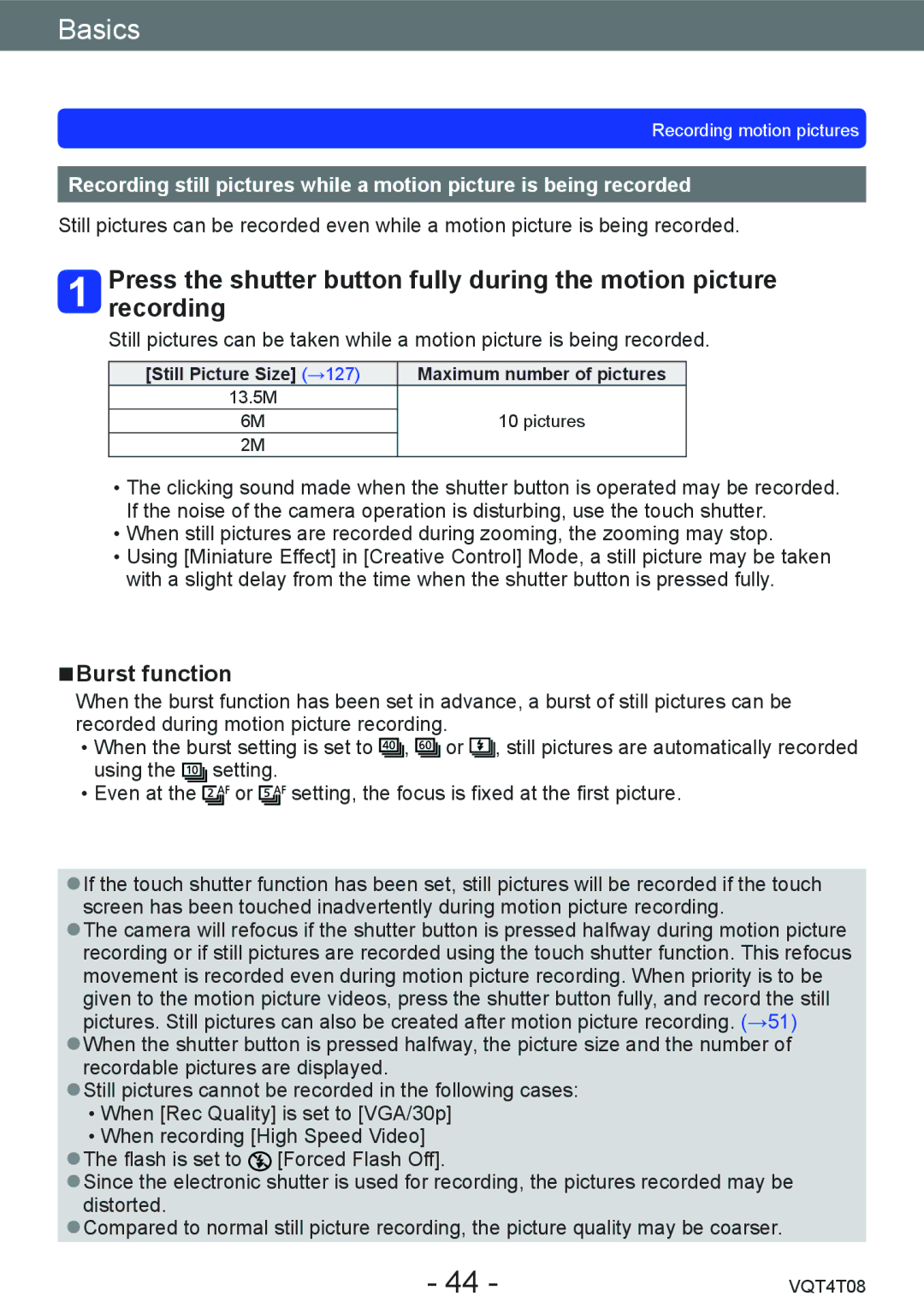 Panasonic DMC-ZS30, DMC-ZS27 owner manual Burst function, Still Picture Size →127 