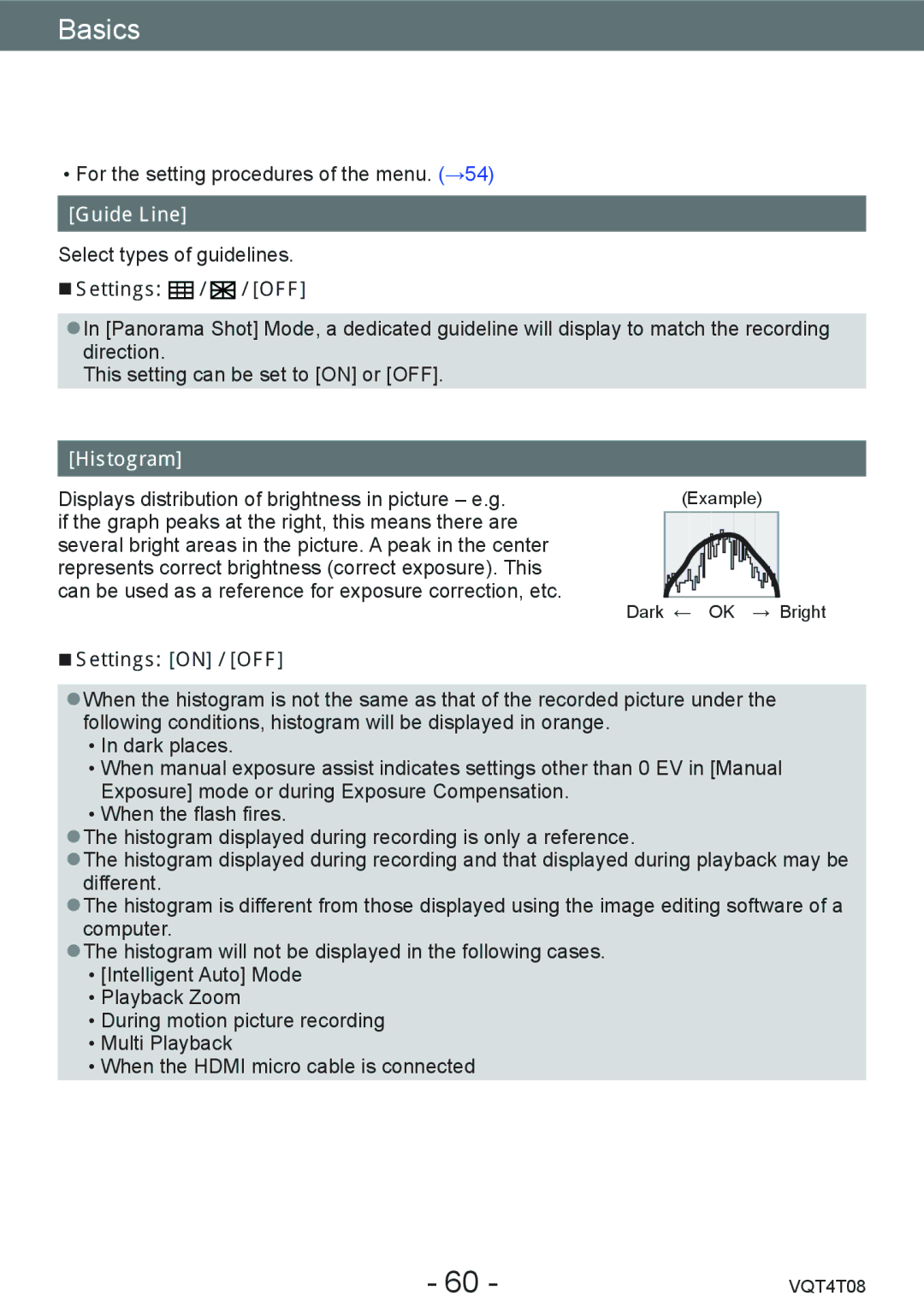 Panasonic DMC-ZS30, DMC-ZS27 owner manual Guide Line, Settings / / OFF, Histogram, Settings on / OFF 