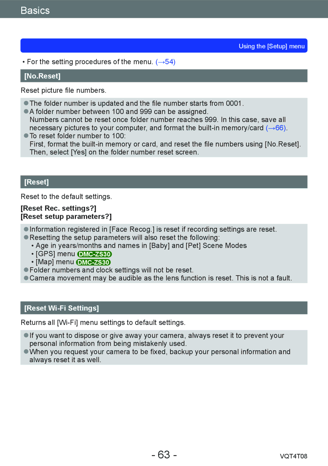 Panasonic DMC-ZS27, DMC-ZS30 owner manual No.Reset, Reset Wi-Fi Settings, Reset Rec. settings? Reset setup parameters? 