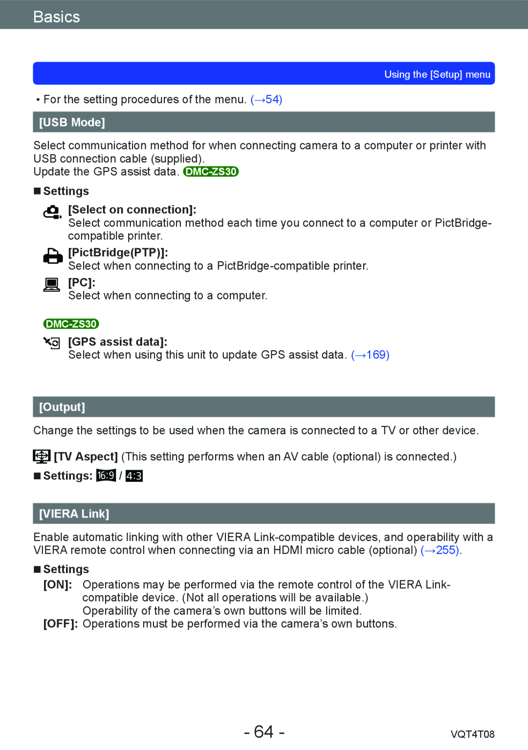 Panasonic DMC-ZS30, DMC-ZS27 owner manual USB Mode, Output, Viera Link 