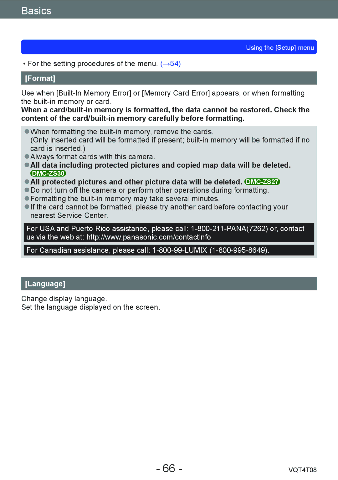 Panasonic DMC-ZS30, DMC-ZS27 owner manual Format, Language 