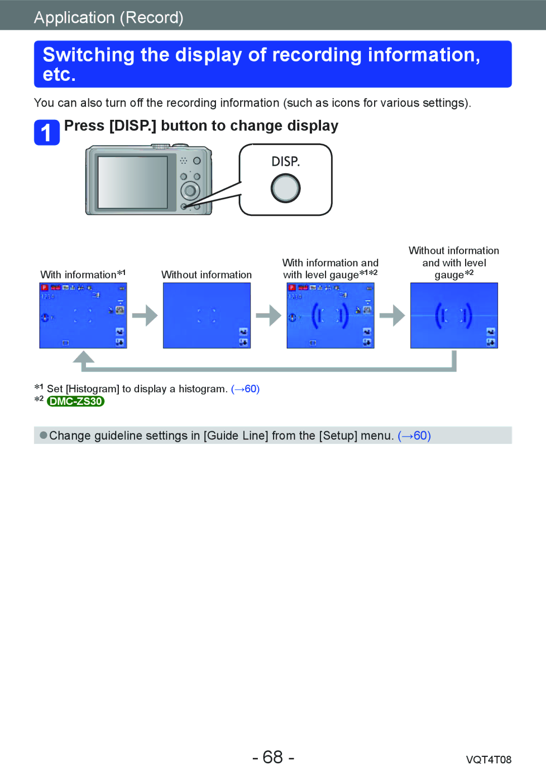 Panasonic DMC-ZS30, DMC-ZS27 Switching the display of recording information, etc, Press DISP. button to change display 