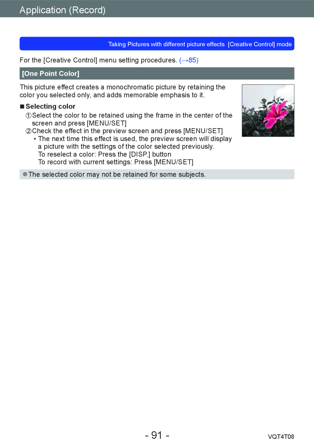 Panasonic DMC-ZS27, DMC-ZS30 owner manual One Point Color, Selecting color 