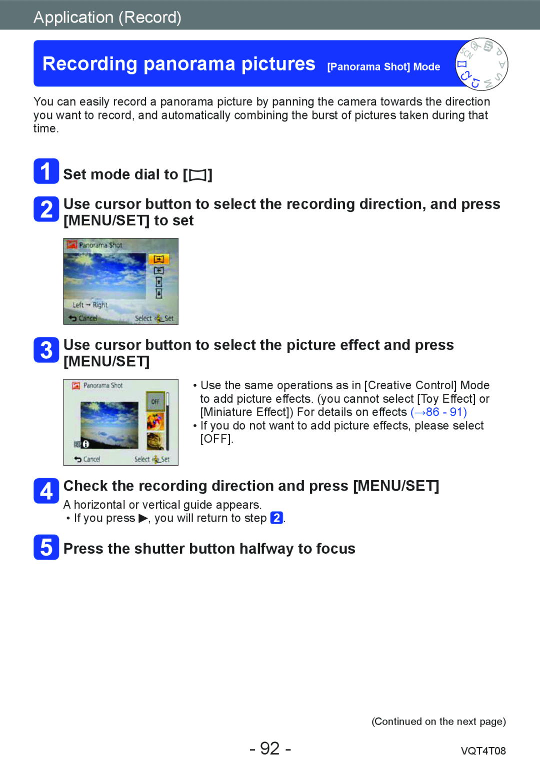 Panasonic DMC-ZS30 Recording panorama pictures Panorama Shot Mode, Check the recording direction and press MENU/SET 