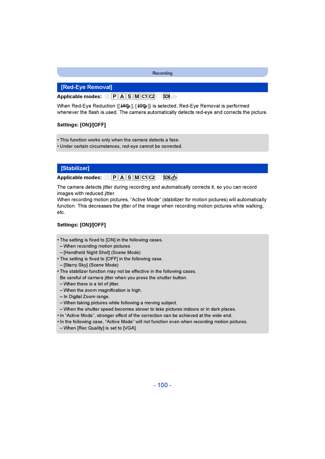 Panasonic DMC-ZS35 owner manual 100, Red-Eye Removal, Stabilizer 