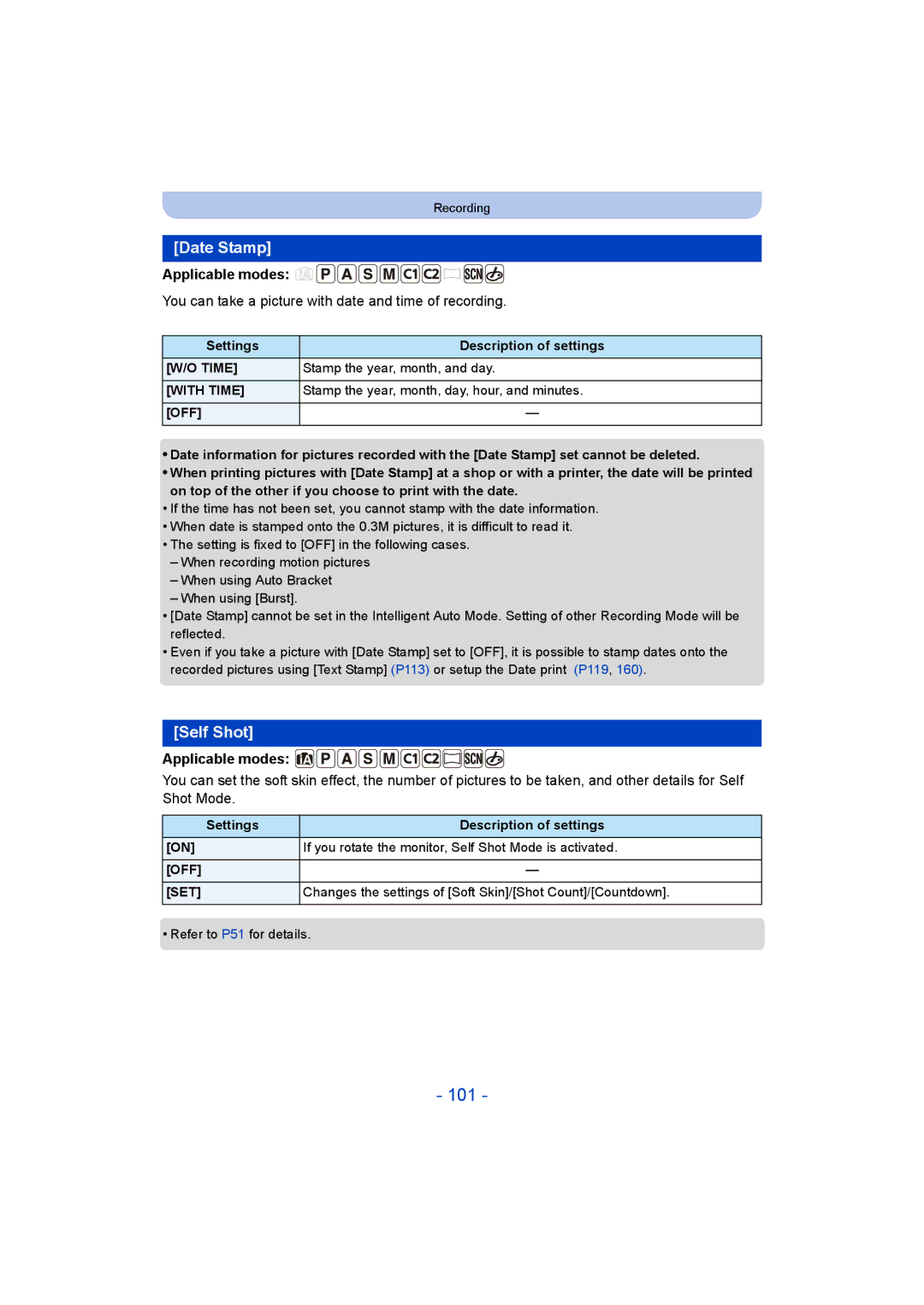 Panasonic DMC-ZS35 owner manual 101, Date Stamp, Self Shot, You can take a picture with date and time of recording 