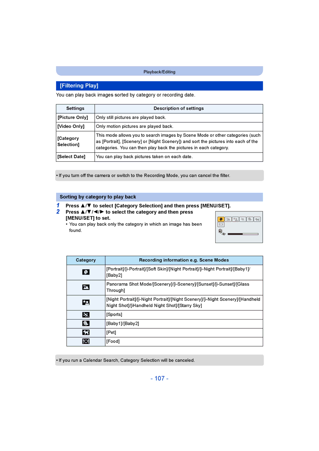 Panasonic DMC-ZS35 owner manual 107, Filtering Play, Selection, Select Date You can play back pictures taken on each date 