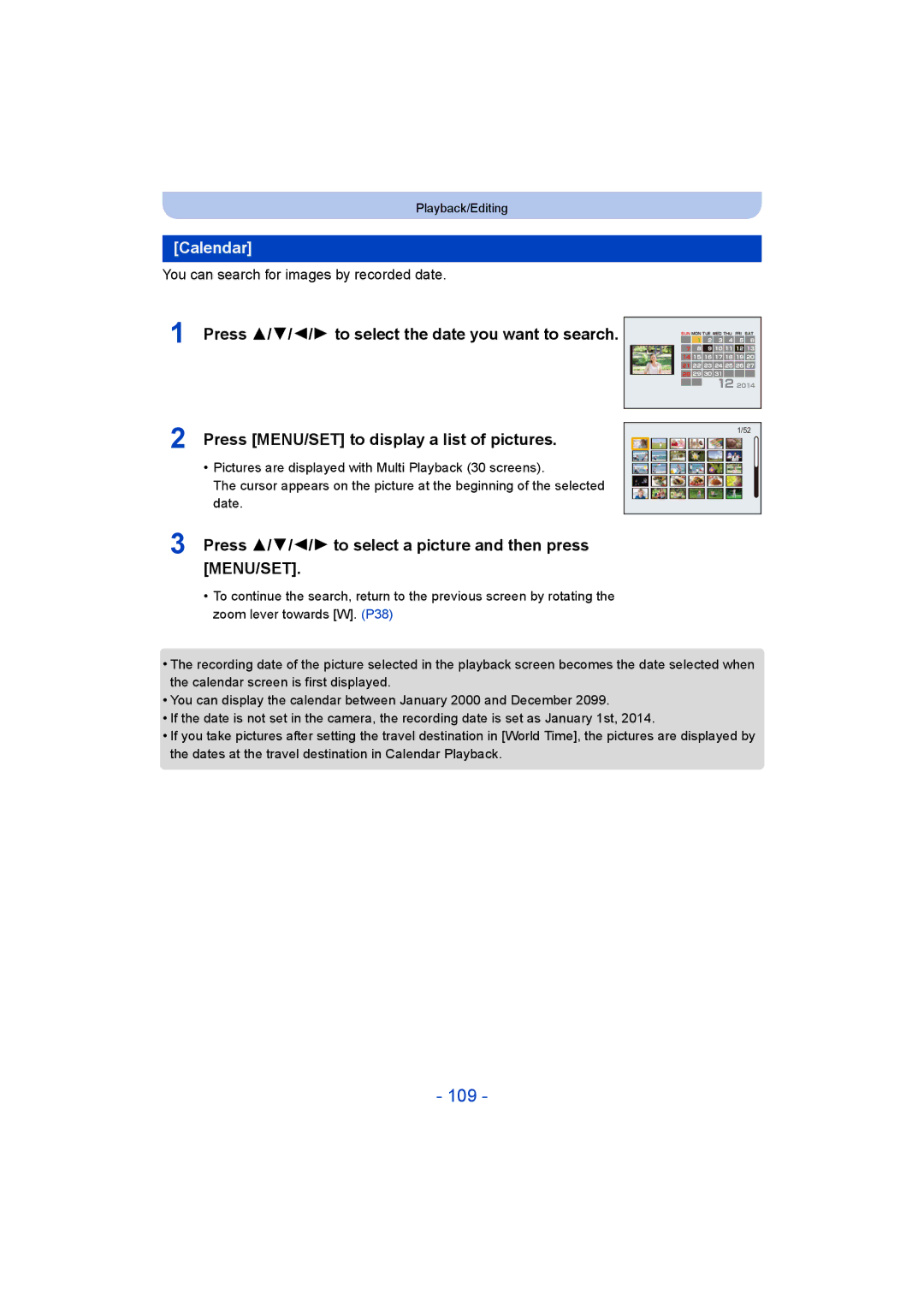 Panasonic DMC-ZS35 owner manual 109, Calendar, Press 3/4/2/1 to select the date you want to search 