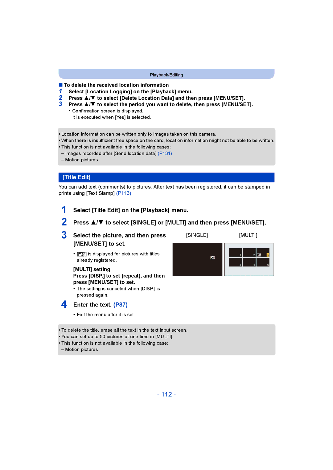 Panasonic DMC-ZS35 owner manual 112, Title Edit, MENU/SET to set, Enter the text. P87 