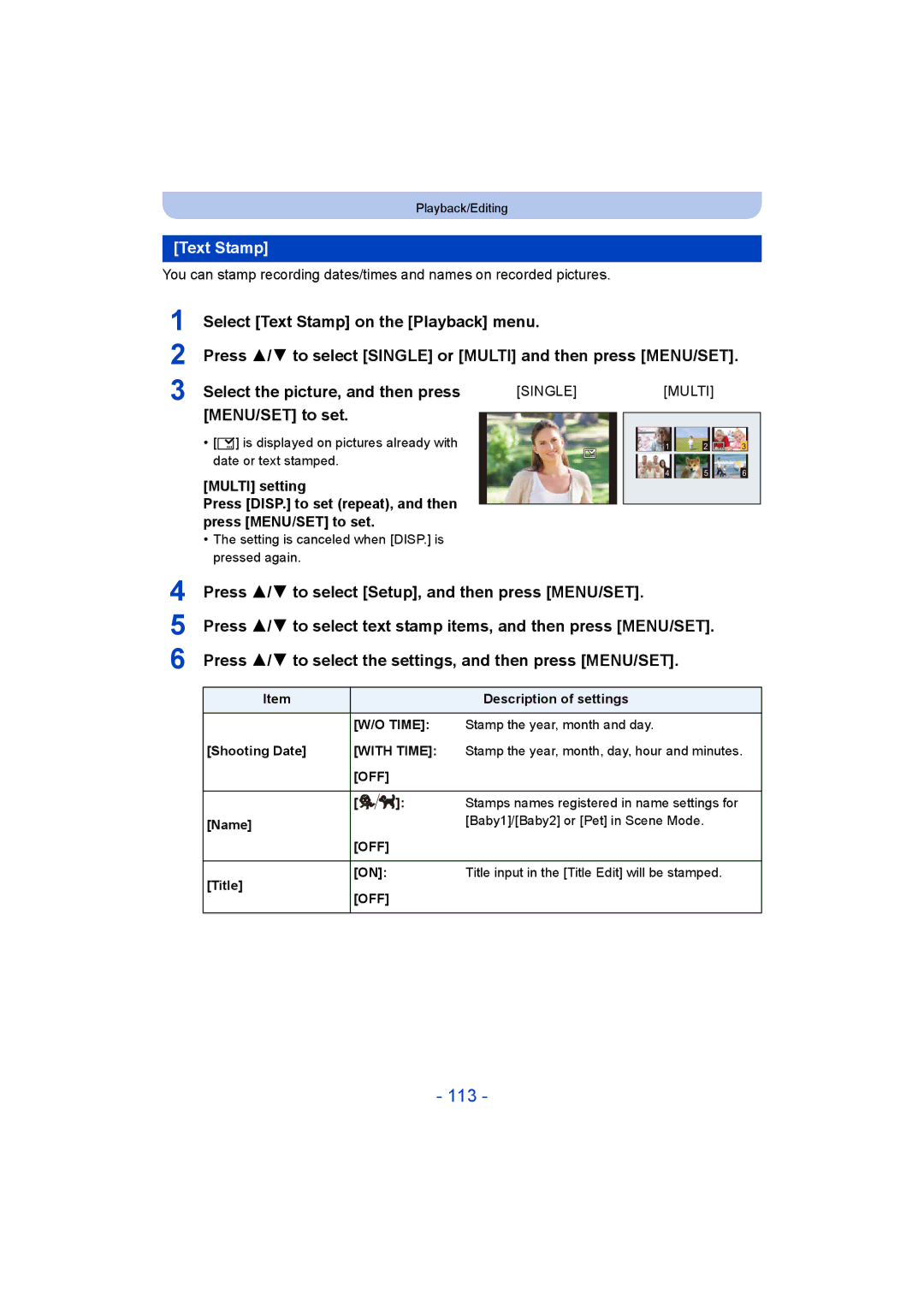 Panasonic DMC-ZS35 owner manual 113, Text Stamp 