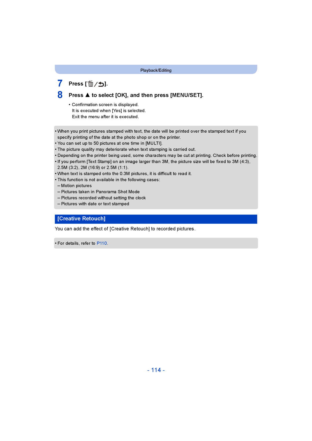 Panasonic DMC-ZS35 owner manual 114, Press Press 3 to select OK, and then press MENU/SET, Creative Retouch 