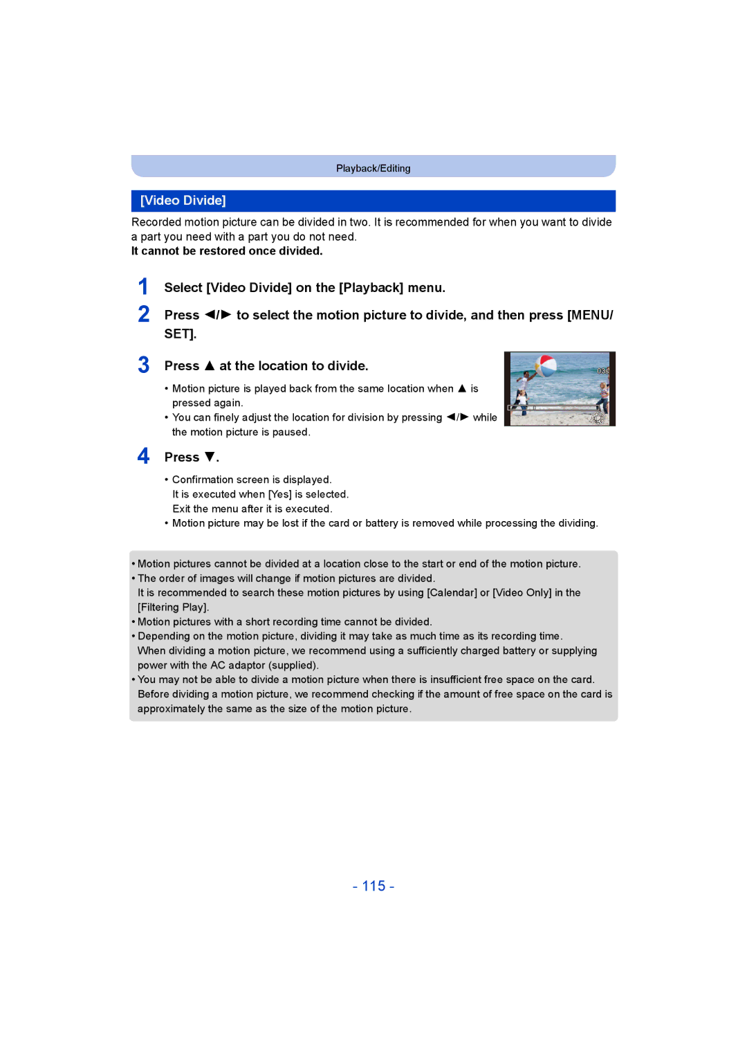 Panasonic DMC-ZS35 owner manual 115, Video Divide, Press 3 at the location to divide, It cannot be restored once divided 