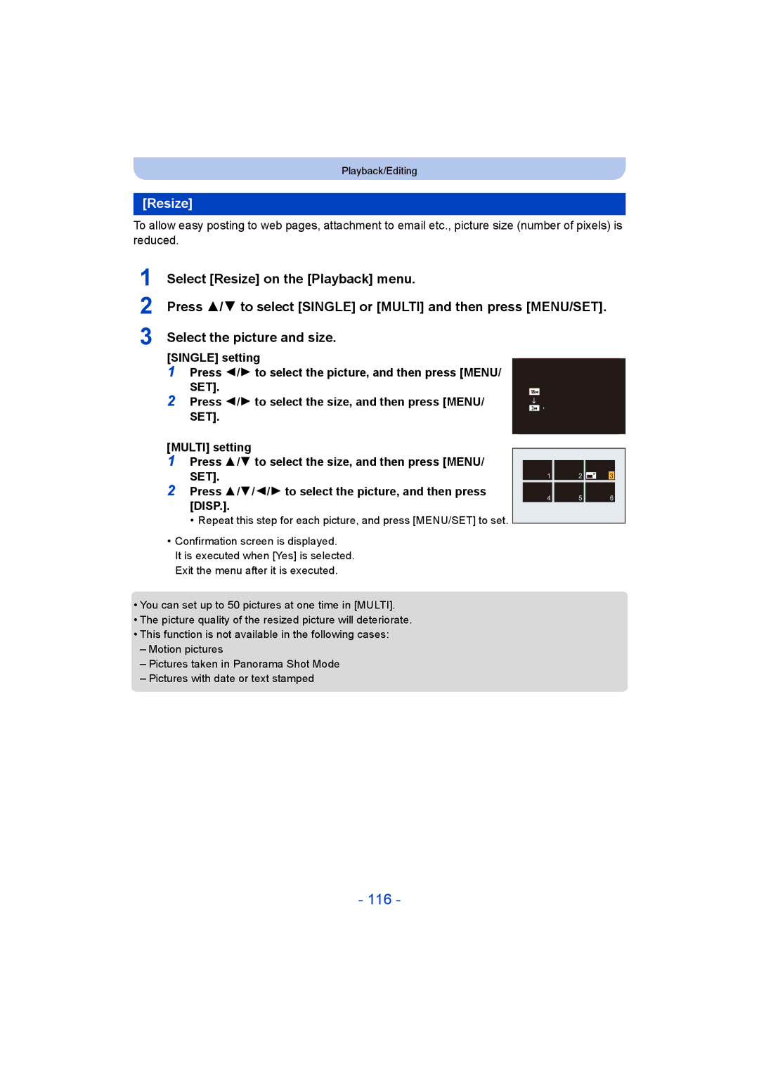 Panasonic DMC-ZS35 owner manual 116, Resize, Press 2/1 to select the size, and then press Menu 